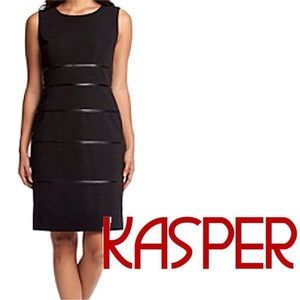 Kasper Black Sleeveless Faux-Leather Trim Sheath Dress